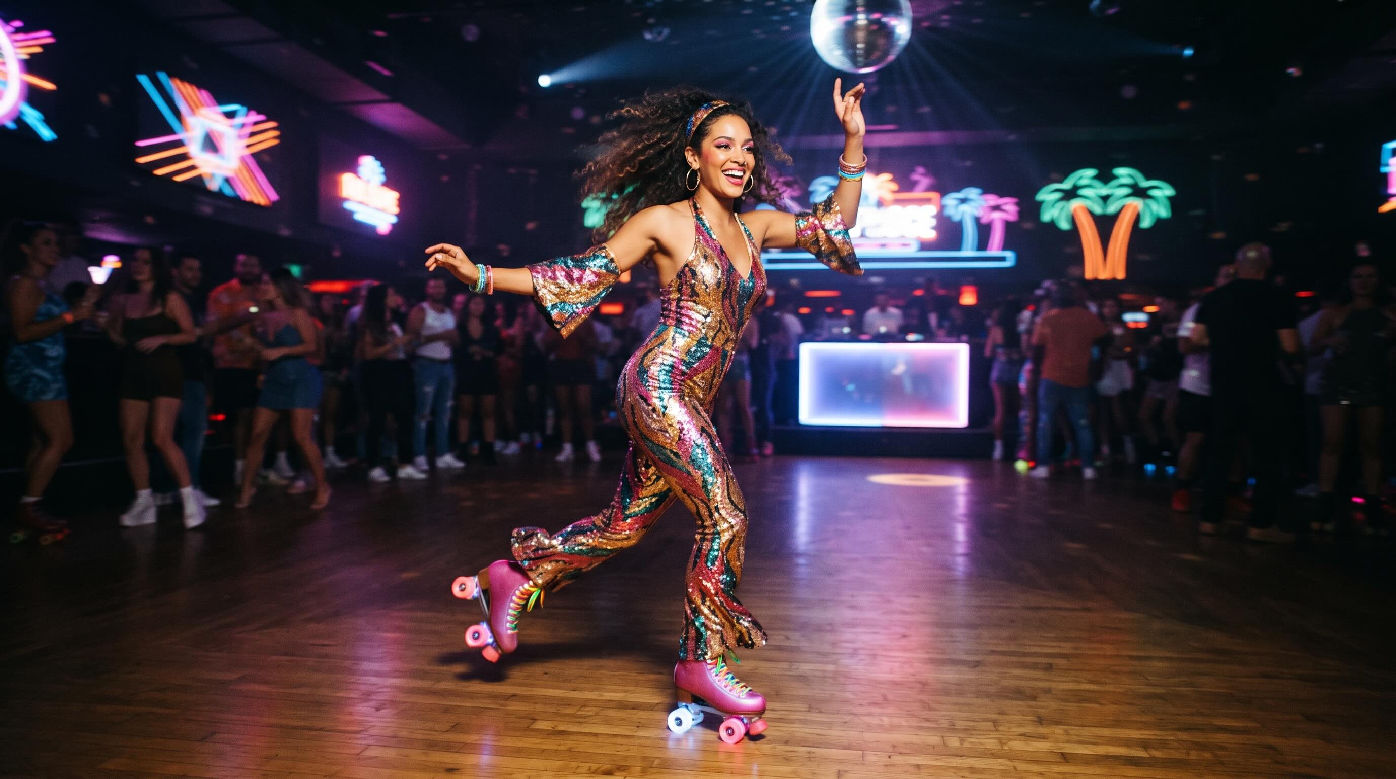 Themed performer roller skating through a vibrant neon-lit nightlife event