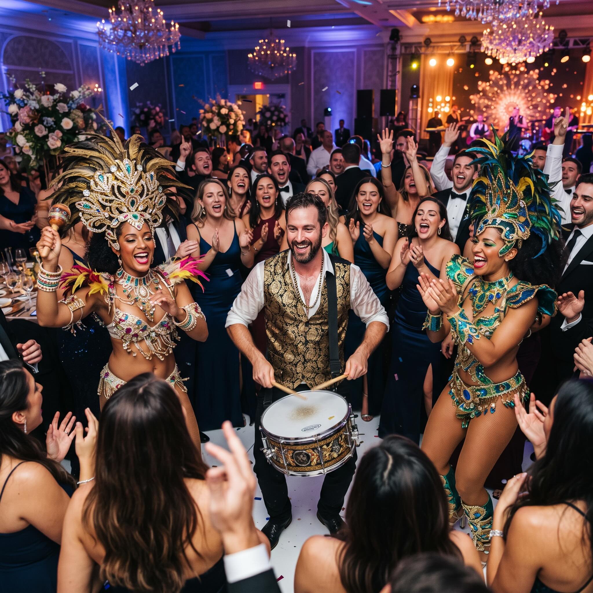 Samba drummer and feathered carnival dancers performing at a Miami gala