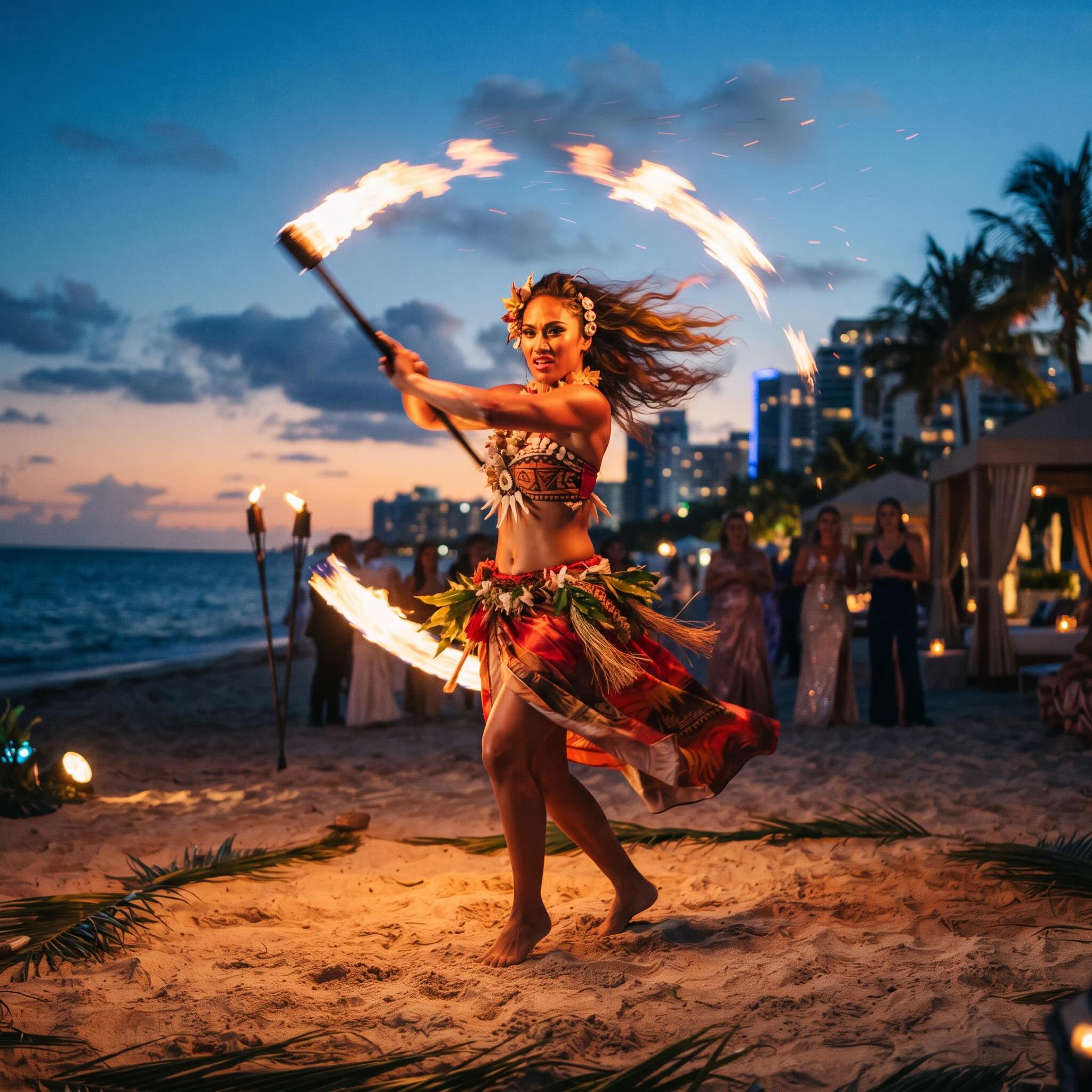 Polynesian fire dancer performing on a Miami beach at dusk