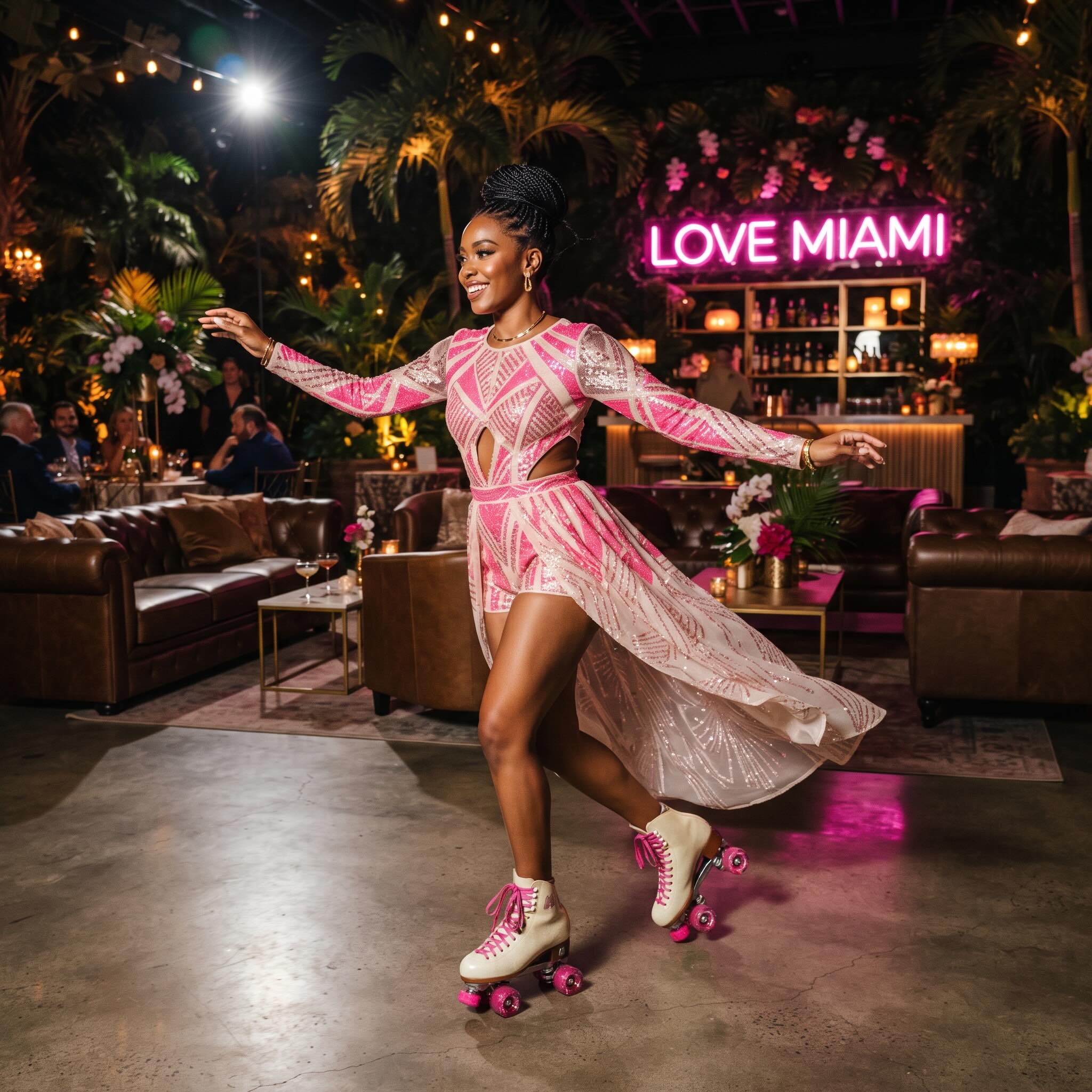 Themed roller skating performer in a sequin outfit under neon Miami nightclub lights