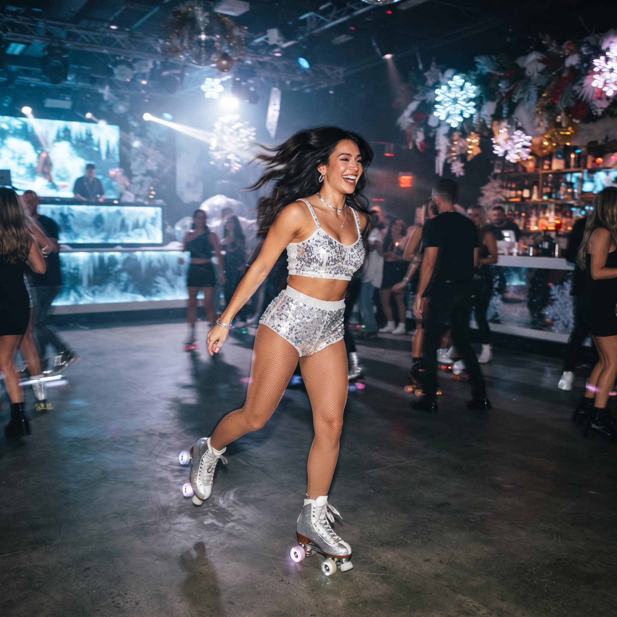 Roller skating performer in a silver sequin outfit at a nightclub
