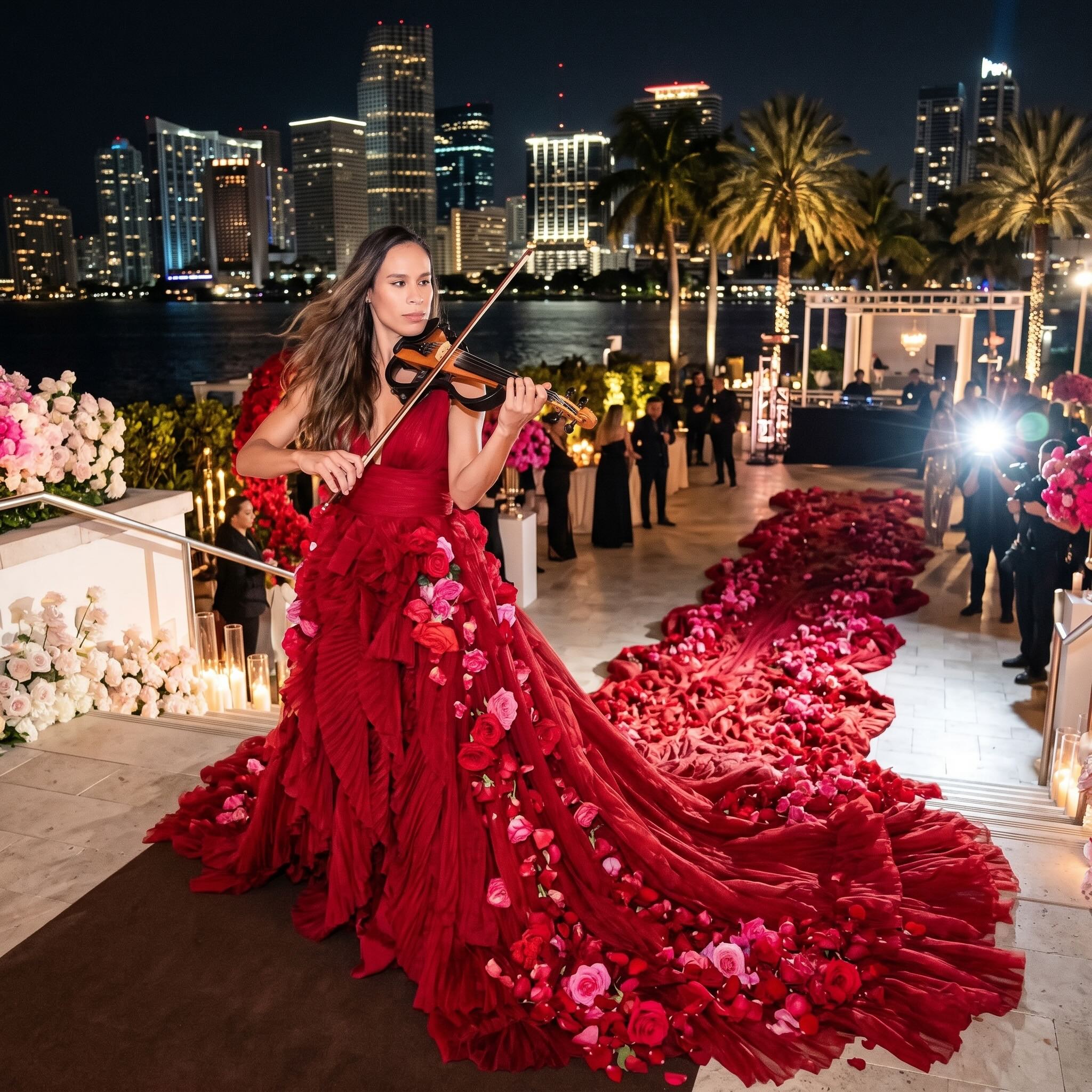 Violinist in a red rose-covered gown performing at a Miami skyline event