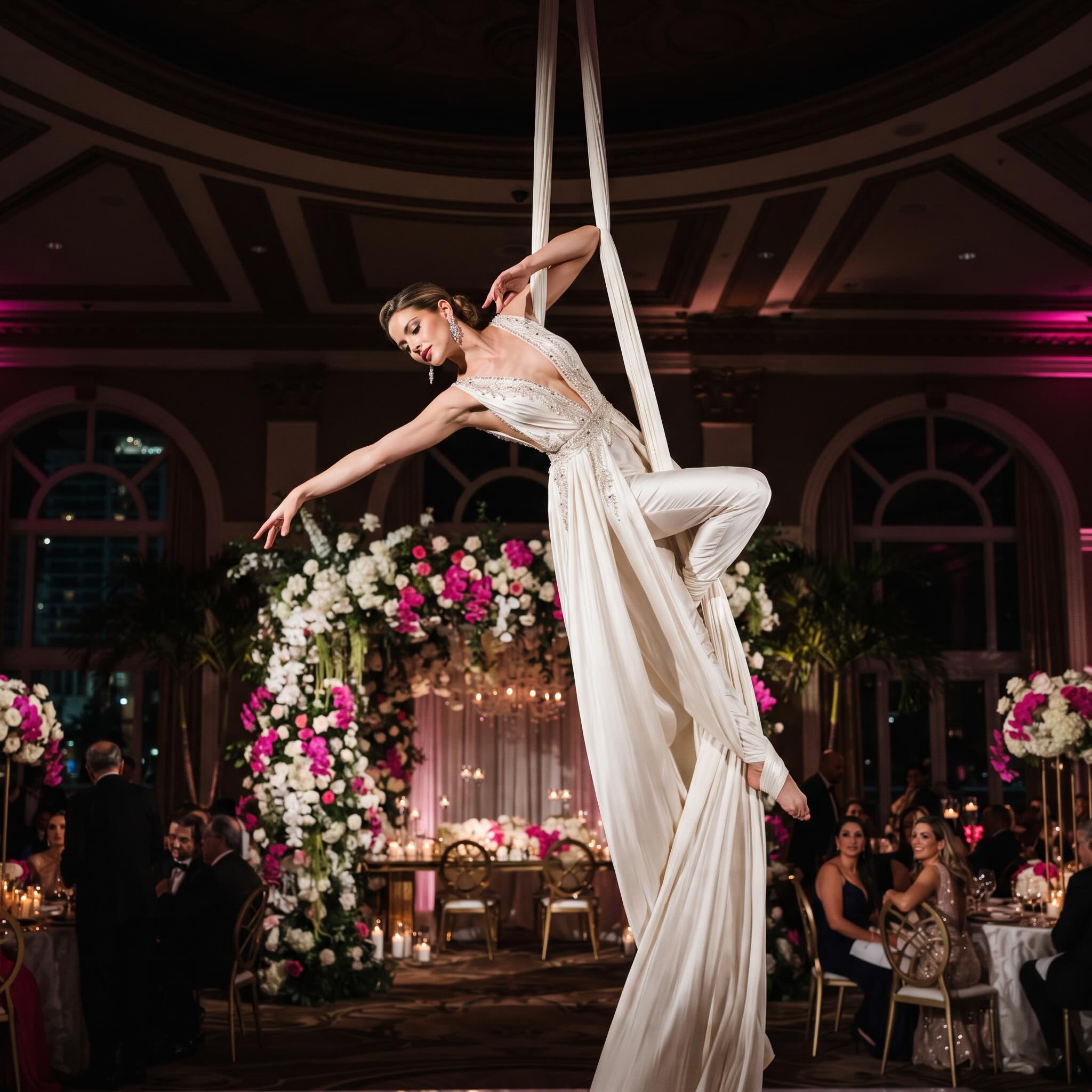 Aerial silk acrobat performing above a glamorous ballroom gala