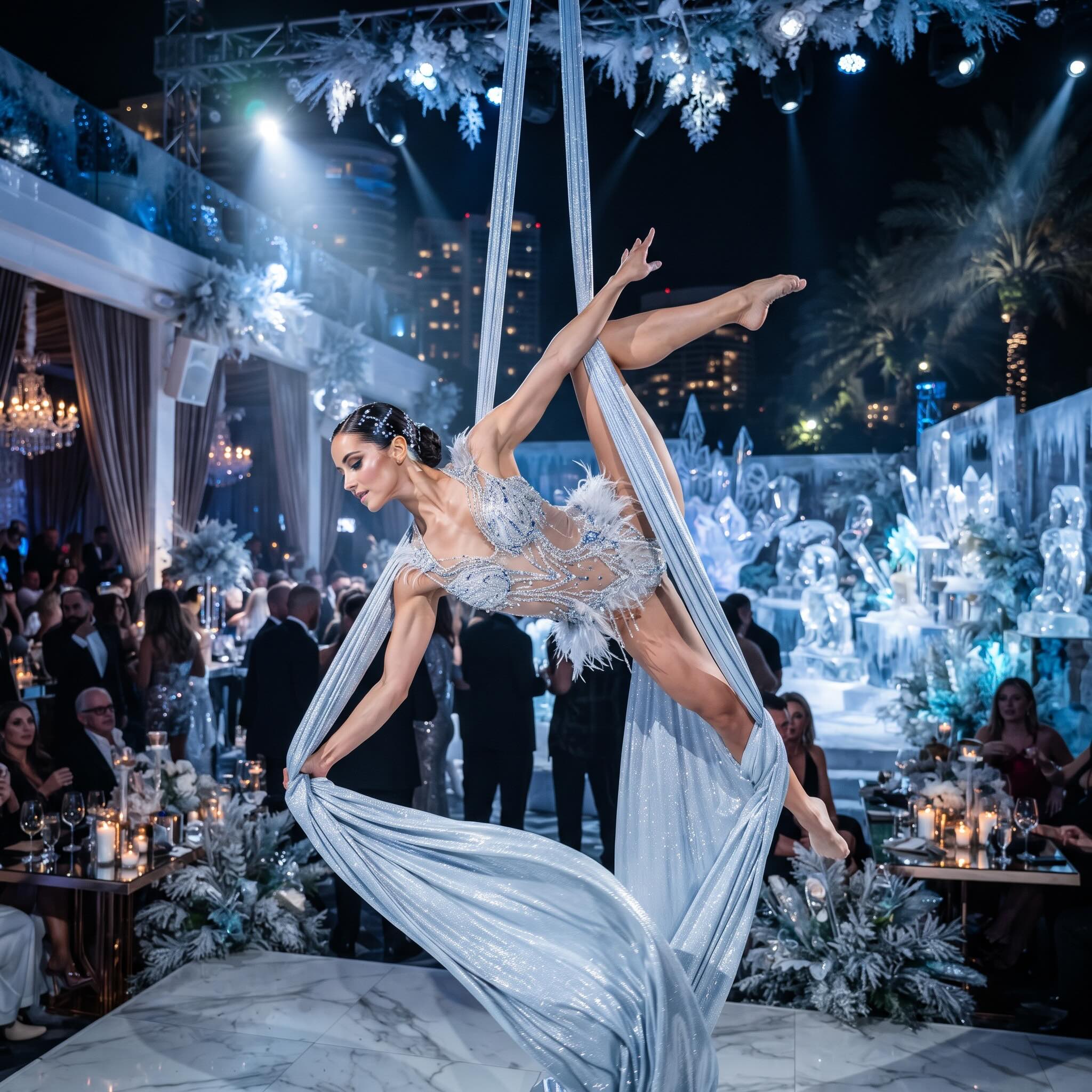 Contortion-style aerial performer in a beaded silver costume at a rooftop event