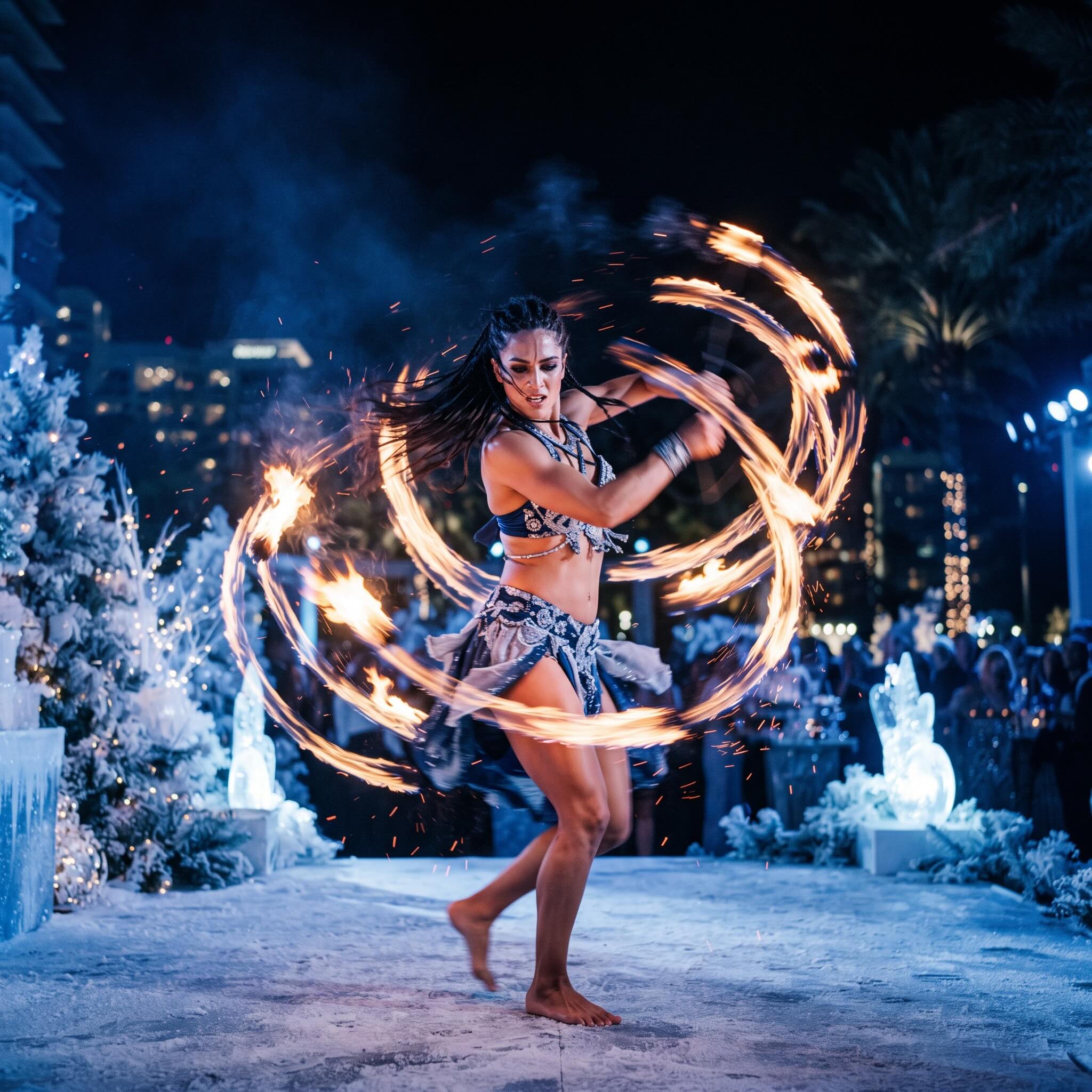Fire performer spinning flaming poi at a Miami event