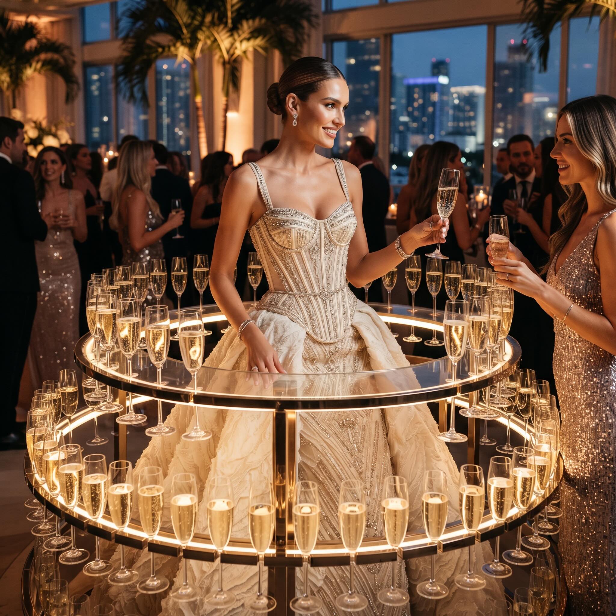 Model in a beaded gown beside a champagne tower at a Miami rooftop event