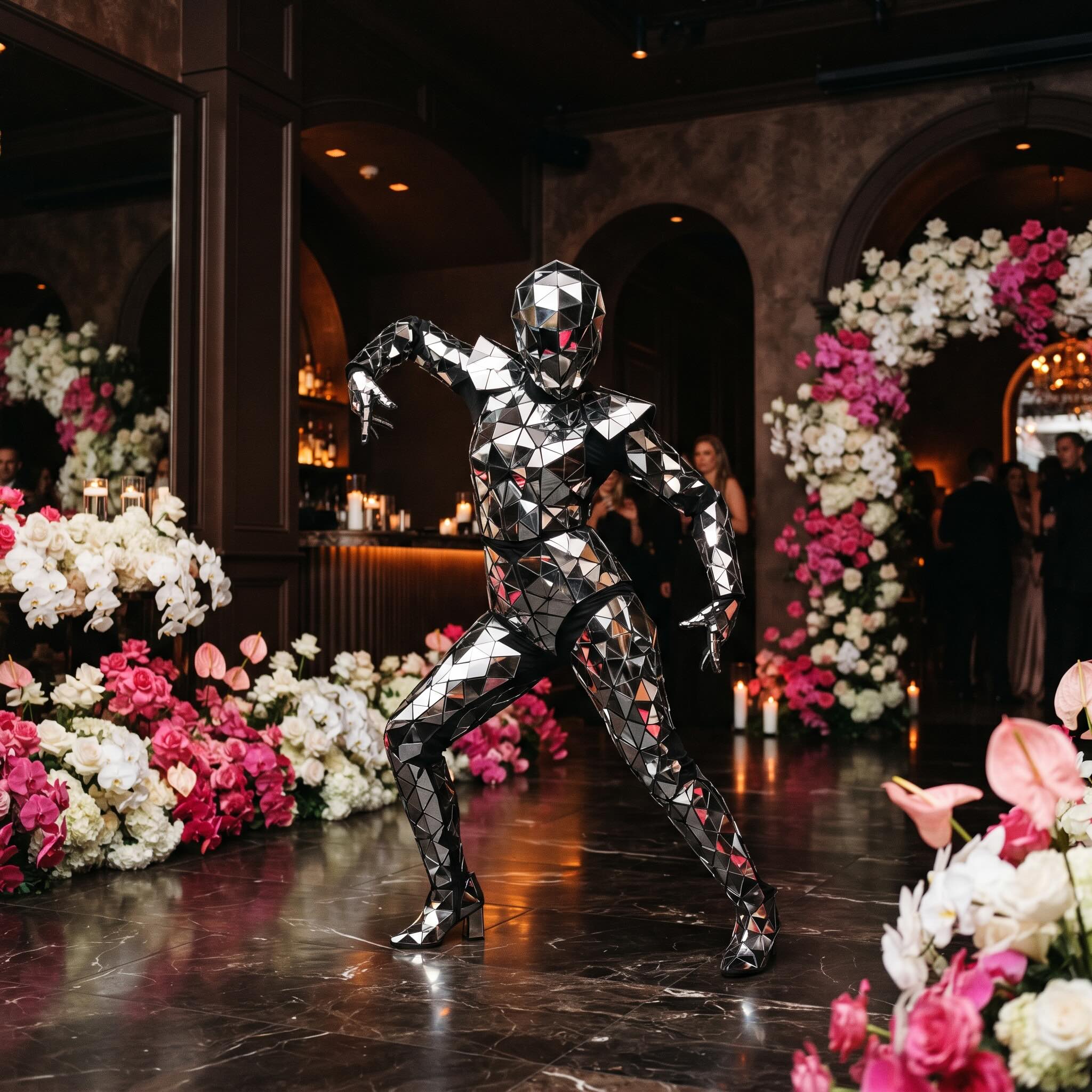 Mirror-costume dancer performing amid floral decor