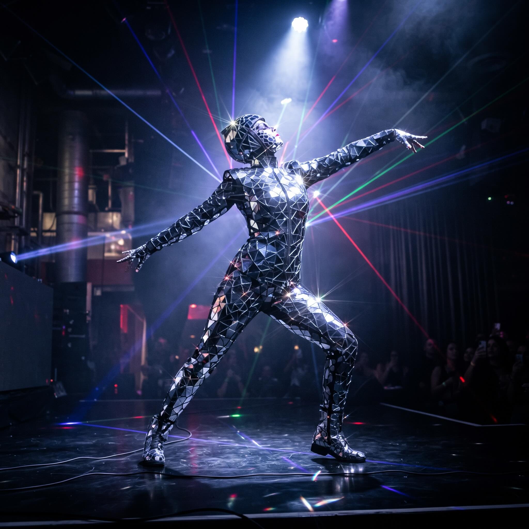 Mirror-costume dancer under dramatic laser lighting on stage
