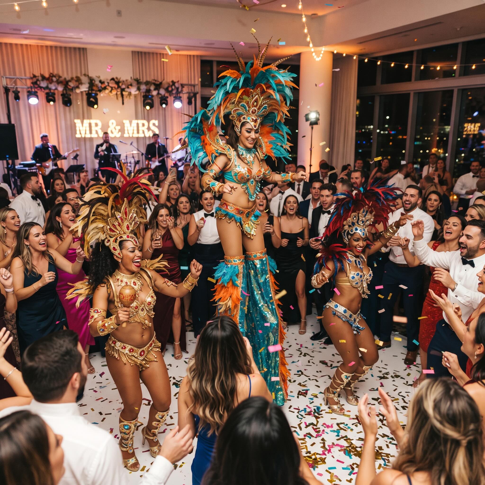 Samba stilt walkers performing at a Miami celebration